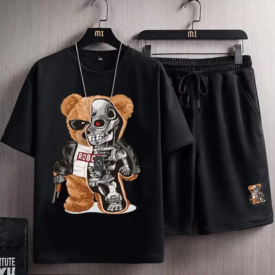 Amerikietiško stiliaus laisvalaikio sportinis kostiumas vyrams trumpomis rankovėmis marškinėliai šortai, 2 dalių rinkinys, skirtas antsvoriui nutukusiems