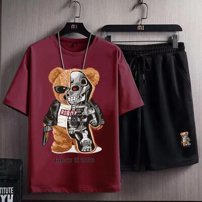 Amerikietiško stiliaus laisvalaikio sportinis kostiumas vyrams trumpomis rankovėmis marškinėliai šortai, 2 dalių rinkinys, skirtas antsvoriui nutukusiems