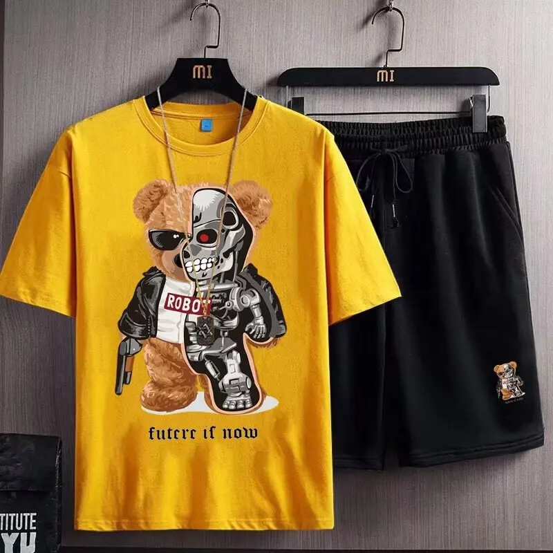 Amerikietiško stiliaus laisvalaikio sportinis kostiumas vyrams trumpomis rankovėmis marškinėliai šortai, 2 dalių rinkinys, skirtas antsvoriui nutukusiems