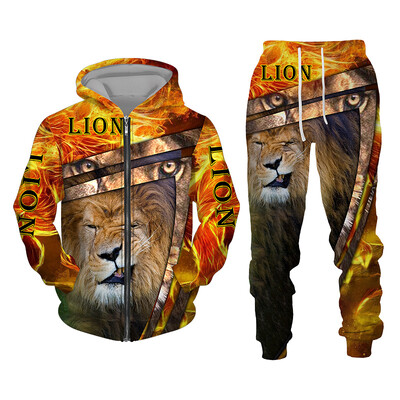Őszi és téli férfi tréningruha 3D The Lion Print Cipzáras pulóverek Pulóverek Nadrág Szettek Hétköznapi Férfi Ruházat Női Tréningruha