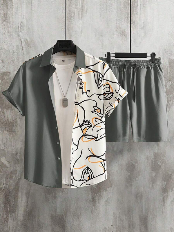2024 Лятна мъжка риза с къс ръкав Комплект плажни къси панталони Ежедневни мъжки летни шорти Улична модна мъжка ежедневна риза
