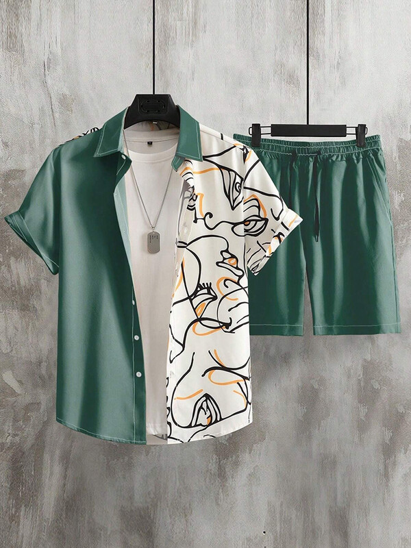 2024 Лятна мъжка риза с къс ръкав Комплект плажни къси панталони Ежедневни мъжки летни шорти Улична модна мъжка ежедневна риза