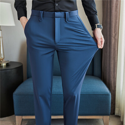 Pantaloni de rochie pentru bărbați Pantaloni de vară 2024, noi, subțiri, respirabili, solidi, casual, cu elastic înalt, pantaloni de costum, îmbrăcăminte de stradă, îmbrăcăminte pentru bărbați