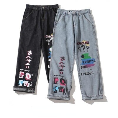 Brand american de modă Street Hip-hop personalizați graffiti imprimați blugi largi casual mop cu picioare drepte cuplu pantaloni Y2k