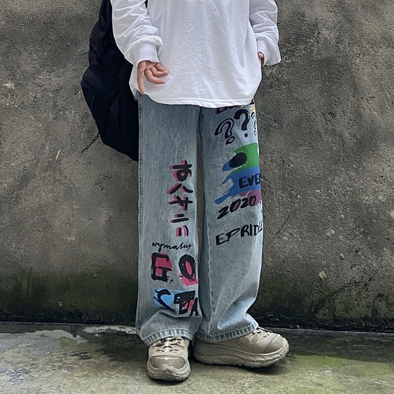 Αμερικανική μάρκα μόδας Street Hip-hop Personalized Graffiti Jeans Loose casual σφουγγαρίστρα δαπέδου ίσιο πόδι Ζευγάρι παντελόνι Y2k