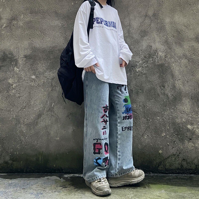 Αμερικανική μάρκα μόδας Street Hip-hop Personalized Graffiti Jeans Loose casual σφουγγαρίστρα δαπέδου ίσιο πόδι Ζευγάρι παντελόνι Y2k