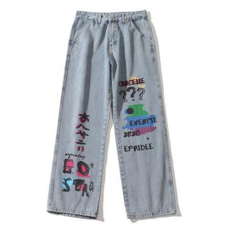 Αμερικανική μάρκα μόδας Street Hip-hop Personalized Graffiti Jeans Loose casual σφουγγαρίστρα δαπέδου ίσιο πόδι Ζευγάρι παντελόνι Y2k
