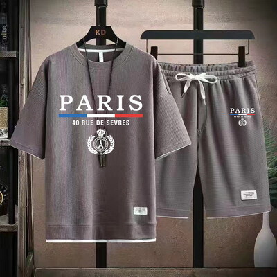 Мъжки вафлени комплекти France Paris Ежедневна тениска + Комплект къси панталони 2PC Летни мъжки спортни костюми Анцуг Свободен костюм Мъжка тениска Дрехи