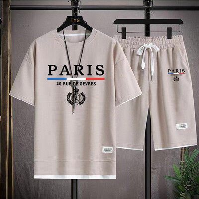 Мъжки вафлени комплекти France Paris Ежедневна тениска + Комплект къси панталони 2PC Летни мъжки спортни костюми Анцуг Свободен костюм Мъжка тениска Дрехи