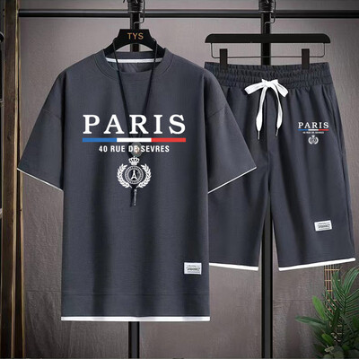 Мъжки вафлени комплекти France Paris Ежедневна тениска + Комплект къси панталони 2PC Летни мъжки спортни костюми Анцуг Свободен костюм Мъжка тениска Дрехи