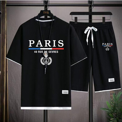 Мъжки вафлени комплекти France Paris Ежедневна тениска + Комплект къси панталони 2PC Летни мъжки спортни костюми Анцуг Свободен костюм Мъжка тениска Дрехи