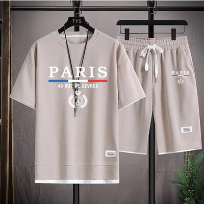 Мъжки вафлени комплекти France Paris Ежедневна тениска + Комплект къси панталони 2PC Летни мъжки спортни костюми Анцуг Свободен костюм Мъжка тениска Дрехи