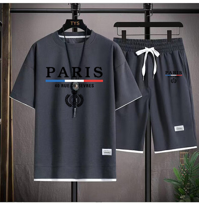 Мъжки вафлени комплекти France Paris Ежедневна тениска + Комплект къси панталони 2PC Летни мъжки спортни костюми Анцуг Свободен костюм Мъжка тениска Дрехи