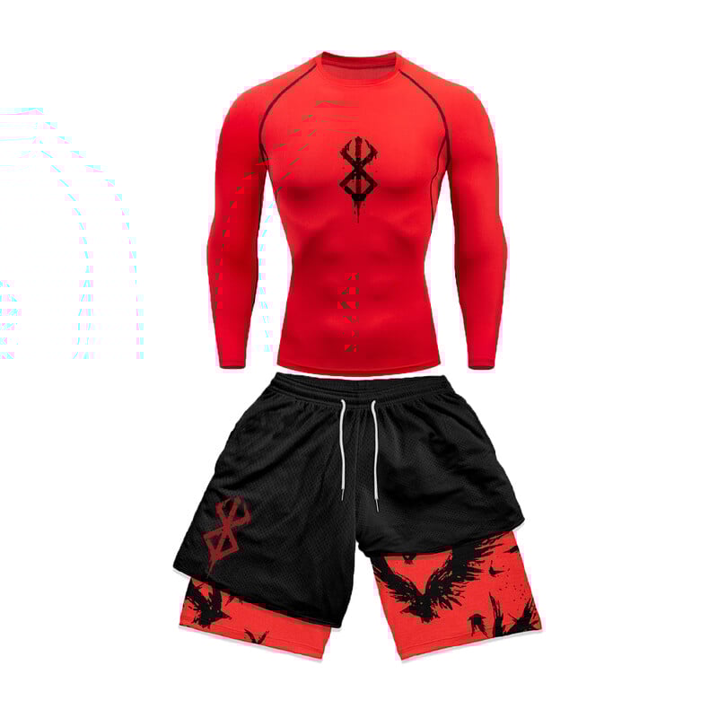 Мъжки компресионен костюм Тесен с дълъг ръкав Аниме Двуслойни шорти Спортен костюм Ежедневни модни летни