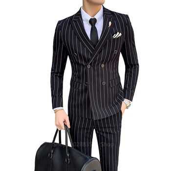 2024 Мъжки костюм с вертикално райе Homme Slim Fit Business Korean Edition Двуреден костюм Сватбен банкетен комплект от 2 части