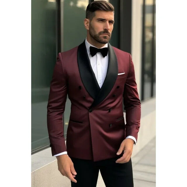 Μόδα μασίφ ανδρικά κοστούμια δύο κομμάτια Κομψό σάλι πέτο με διπλό στήθος (μπλέιζερ+παντελόνι) Κομψό γαμήλιο σμόκιν κοστούμι δείπνο Slim