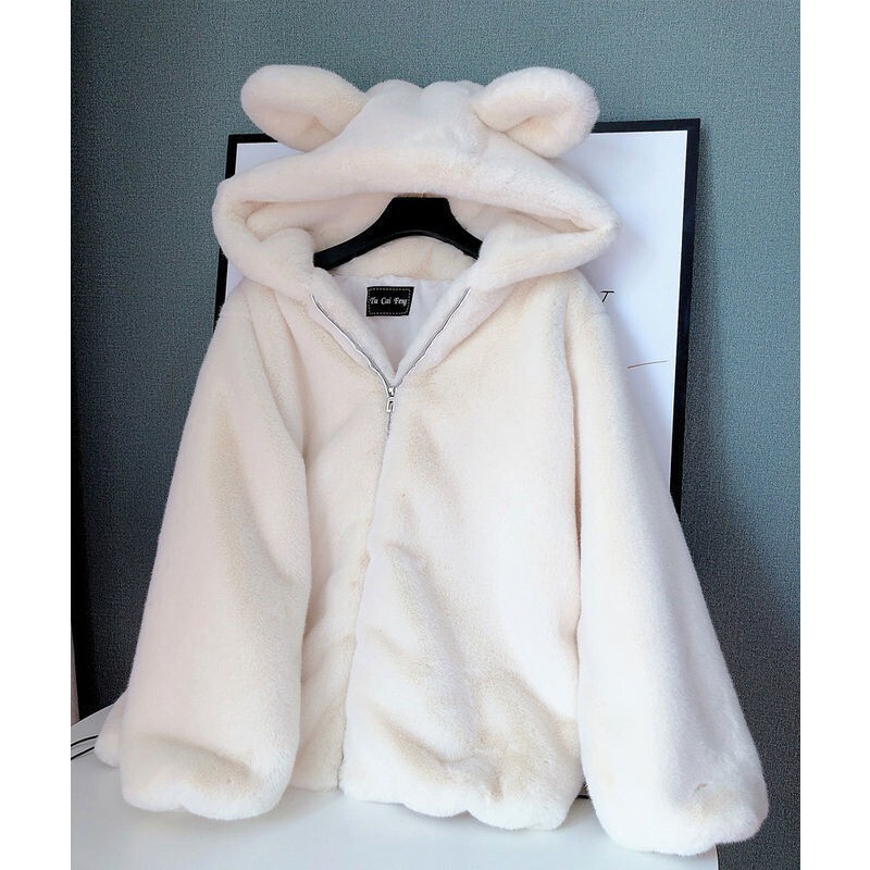 Αυτιά κουνελιού πάχος χιλ. 300 τριχωτά μεγάλα αυτιά στήθος Huhu φοιτητικό φαρδύ συν βελούδινο ζεστό μπουφάν με φερμουάρ για γυναίκες