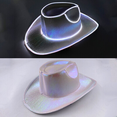 Западна LED каубойска шапка Cowgirl Hat Ретро LED светлинна периферия Джаз Цилиндър Светеща булчинска шапка Косплей костюм Каубойски костюм за жени Мъже