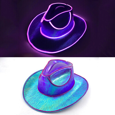 Западна LED каубойска шапка Cowgirl Hat Ретро LED светлинна периферия Джаз Цилиндър Светеща булчинска шапка Косплей костюм Каубойски костюм за жени Мъже
