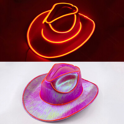 Западна LED каубойска шапка Cowgirl Hat Ретро LED светлинна периферия Джаз Цилиндър Светеща булчинска шапка Косплей костюм Каубойски костюм за жени Мъже