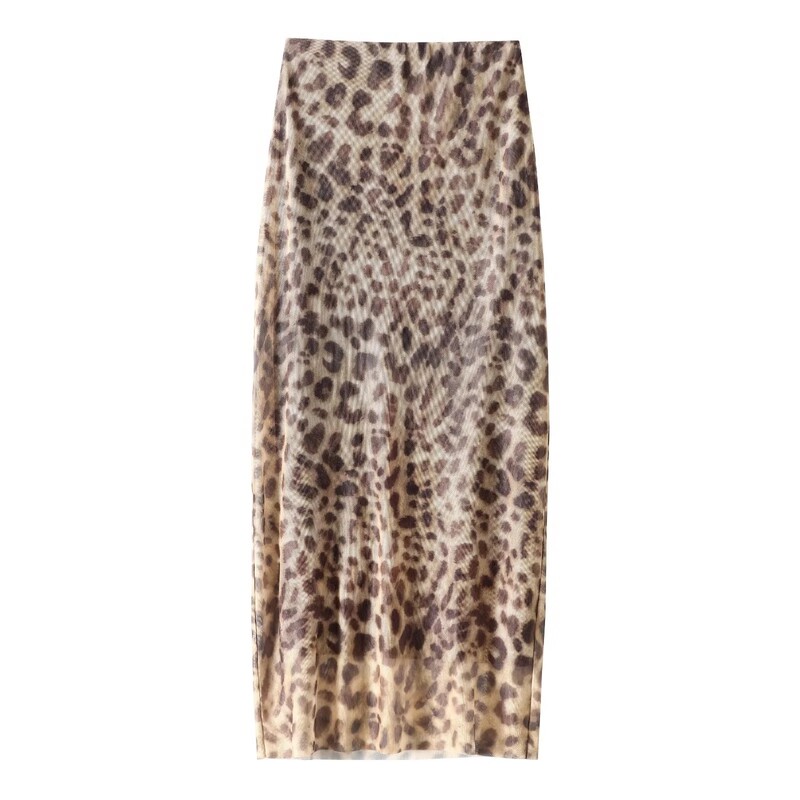 TRAF Leopard Print Τούλι Φούστα Γυναικεία Vintage ψηλόμεση μακριές φούστες για γυναίκες Καλοκαιρινή δικτυωτή φούστα midi Κομψές γυναικείες φούστες