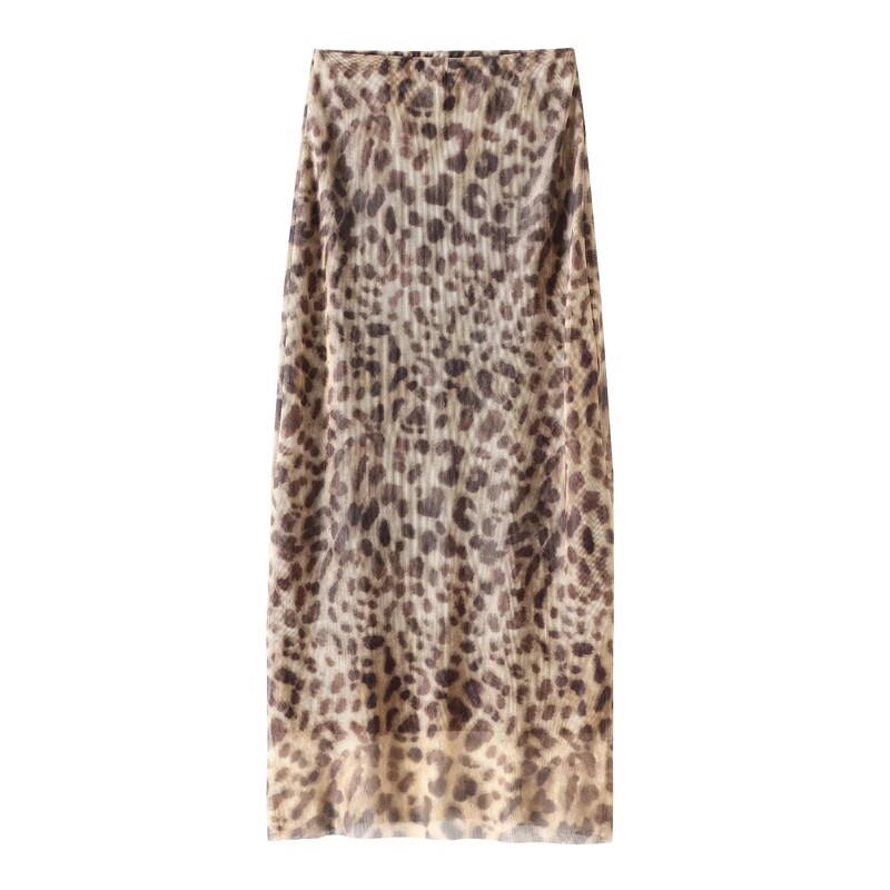 TRAF Leopard Print Τούλι Φούστα Γυναικεία Vintage ψηλόμεση μακριές φούστες για γυναίκες Καλοκαιρινή δικτυωτή φούστα midi Κομψές γυναικείες φούστες