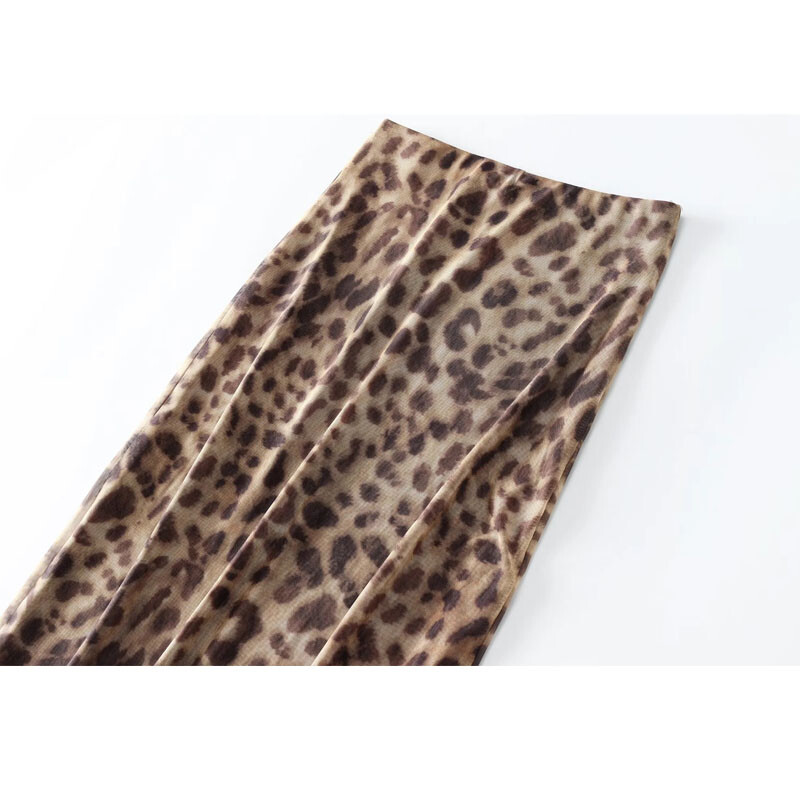TRAF Leopard Print Τούλι Φούστα Γυναικεία Vintage ψηλόμεση μακριές φούστες για γυναίκες Καλοκαιρινή δικτυωτή φούστα midi Κομψές γυναικείες φούστες