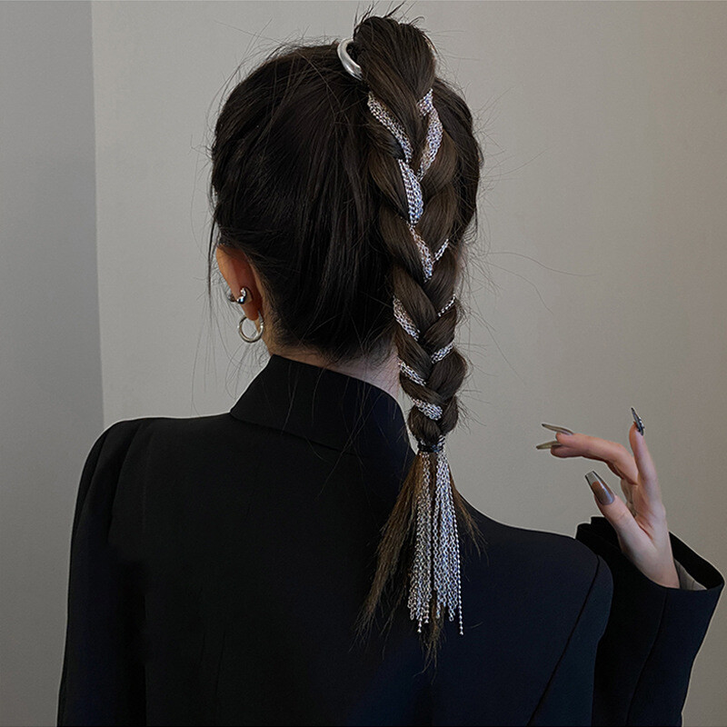 Trendikas hõbedavärviline metallist hüperbool, pikk tutikett juuste aksessuaarid punk-juuksenõelad juukseklambrid naiste peapaeltega juukserõivad