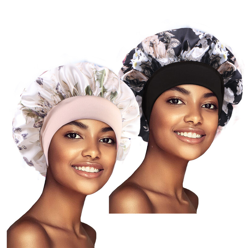 Комплект от 2 бр. Сатенено дамско боне с флорални мотиви Африкански стил Нощна шапка за сън Мека изключително голяма шапка за глава Дамска шапка за глава Тюрбан