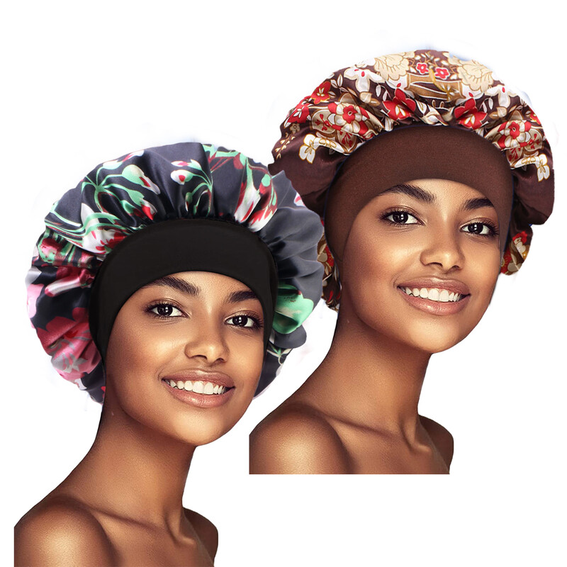 Комплект от 2 бр. Сатенено дамско боне с флорални мотиви Африкански стил Нощна шапка за сън Мека изключително голяма шапка за глава Дамска шапка за глава Тюрбан