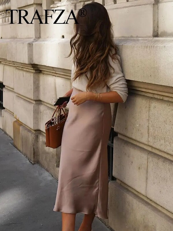 TRAFZA Γυναικεία Κομψή μασίφ σατέν μακριά φούστα Κομψή ψηλόμεση λεπτή φούστες Y2K Γυναικεία μόδα, μεταξωτή υφή Γυναικεία στενή midi φούστα