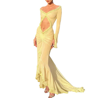 Gaono seksikas naiste Babydoll naistepesu pikkade varrukatega V-kaelusega võrkkest ööpesu, pikk kleit, frilliga, läbipaistev öökleit