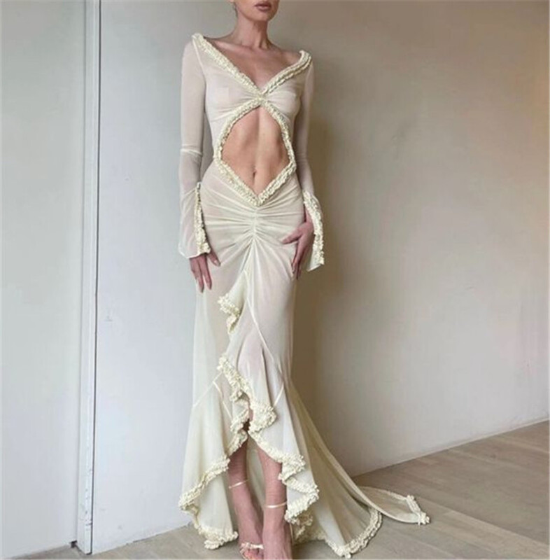 Gaono seksikas naiste Babydoll naistepesu pikkade varrukatega V-kaelusega võrkkest ööpesu, pikk kleit, frilliga, läbipaistev öökleit