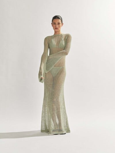 Pikkade varrukatega kootud rannakleit Naiste seksikas läbinägelik õhuke maksikleit Suvine elegantne soliidne seljata pikk kleit 2024. aasta pühadekomplekt