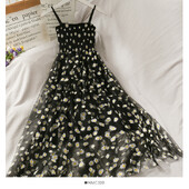 Spaghetti λουράκι Floral Daisy Mesh Φόρεμα Γυναικείο Γαλλικό ρετρό αμάνικο καλοκαιρινό ελαστικό φόρεμα στη μέση Vacation Long Dress Beach Vestido