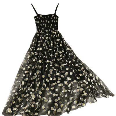 Spaghetti λουράκι Floral Daisy Mesh Φόρεμα Γυναικείο Γαλλικό ρετρό αμάνικο καλοκαιρινό ελαστικό φόρεμα στη μέση Vacation Long Dress Beach Vestido