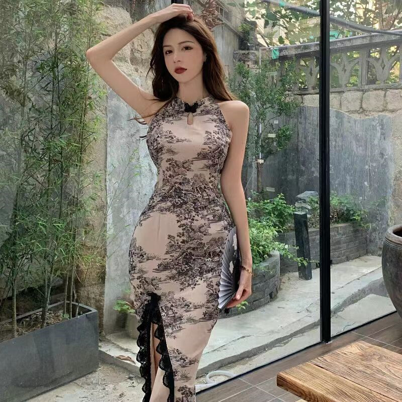 2024. Moderna kineska haljina u stilu Cheongsam Seksi Qipao Ženska odjeća za nastupe orijentalnog plesa Elegantna boja obojena tintom i pranjem