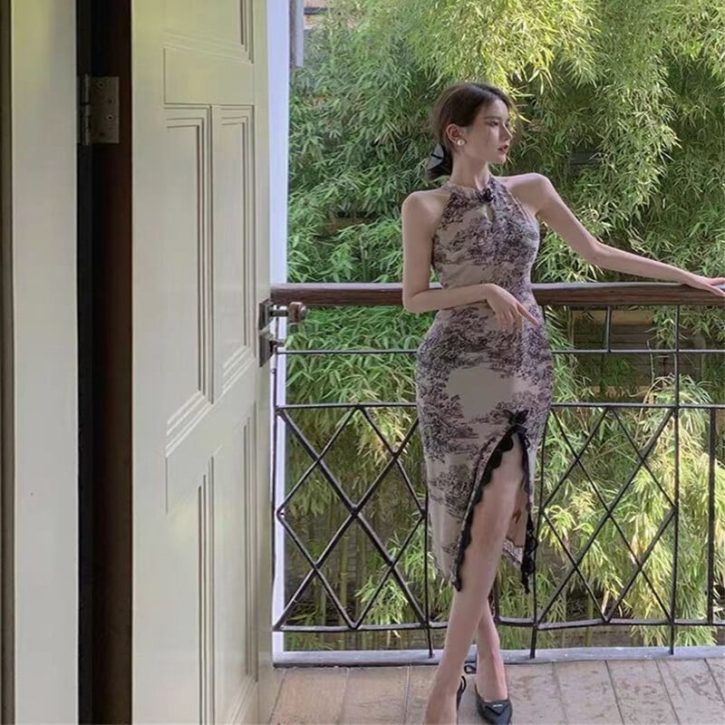 2024. Moderna kineska haljina u stilu Cheongsam Seksi Qipao Ženska odjeća za nastupe orijentalnog plesa Elegantna boja obojena tintom i pranjem