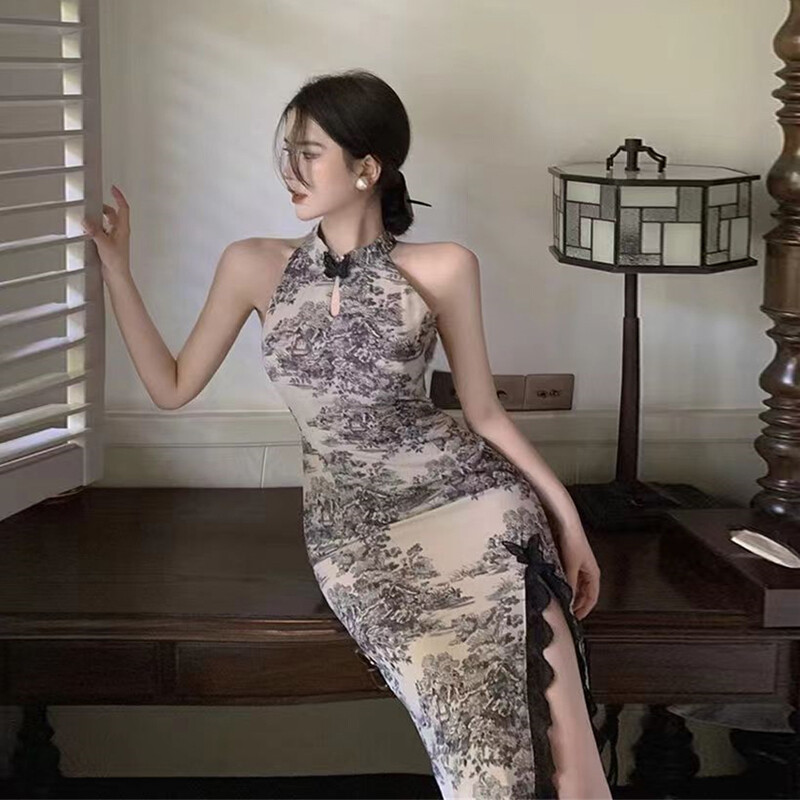 2024. Moderna kineska haljina u stilu Cheongsam Seksi Qipao Ženska odjeća za nastupe orijentalnog plesa Elegantna boja obojena tintom i pranjem