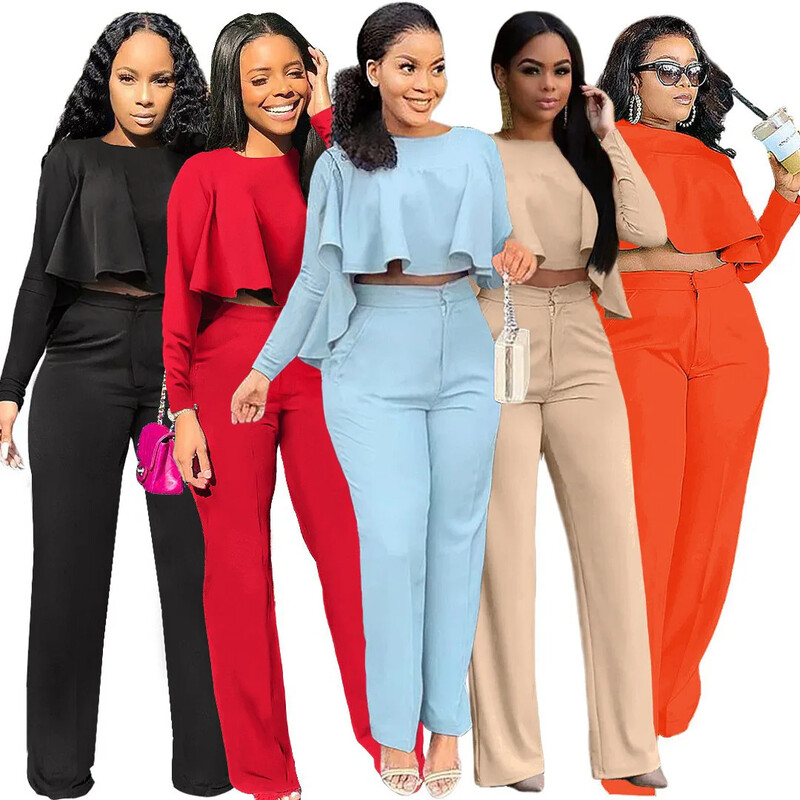 Euroopa ja Ameerika naiste uus sügistalvise volangiga pikkade varrukatega naiste kõrge vöökohaga laia säärepükste kaheosaline komplekt