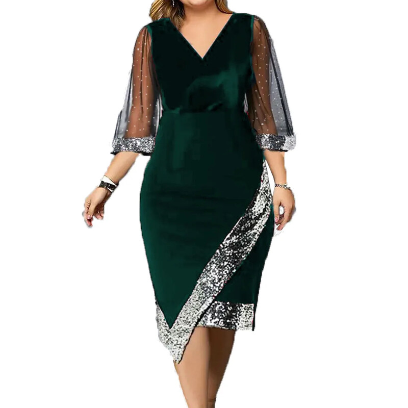 Nové dámske šaty s flitrami, zlatý zamat, nepravidelné, s priehľadnou sieťovinou, európske a americké, plus size, model 2023