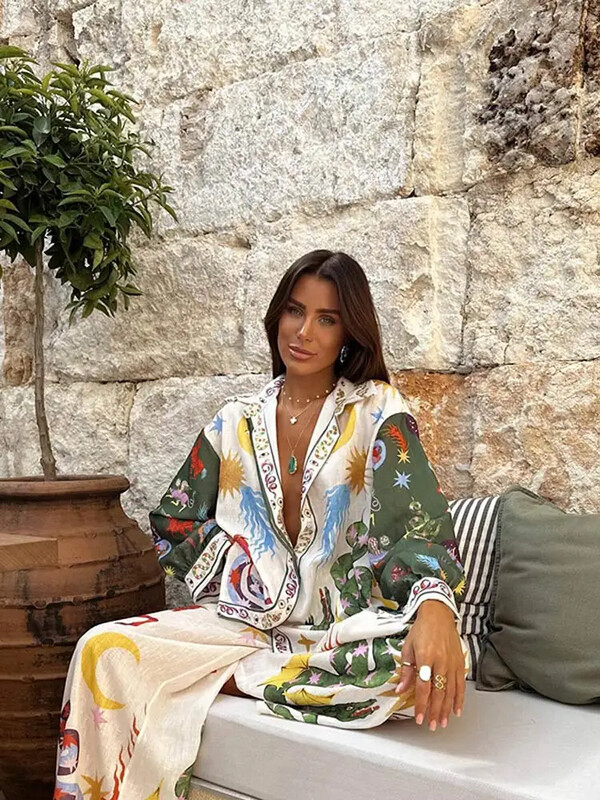 Stiilsed trükitud püksid, 2-osaline komplekt naiste vabaaja revääriga ühe rinnaga särk laia säärega pükste komplektid naiste Pomesia puhkuseülikond