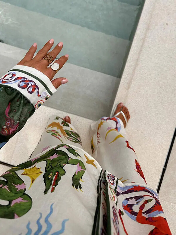 Stiilsed trükitud püksid, 2-osaline komplekt naiste vabaaja revääriga ühe rinnaga särk laia säärega pükste komplektid naiste Pomesia puhkuseülikond