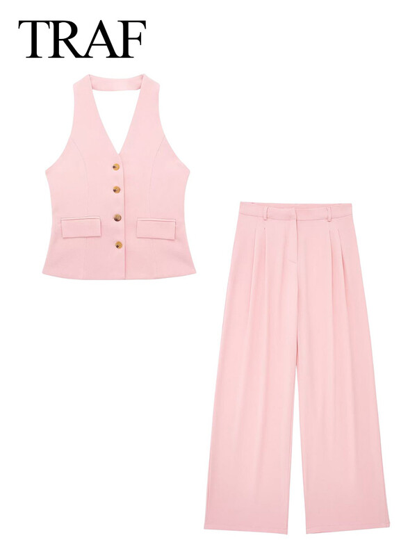 TRAF naiste 2-osaline komplekt, päitsed, kael, üherealine tasku, varrukateta, püksid ja kõrge vöökohaga tõmblukuga taskud, laiad püksid