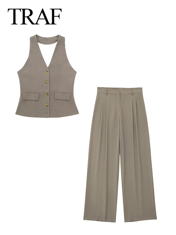 TRAF naiste 2-osaline komplekt, päitsed, kael, üherealine tasku, varrukateta, püksid ja kõrge vöökohaga tõmblukuga taskud, laiad püksid