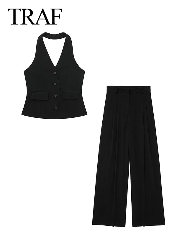 TRAF naiste 2-osaline komplekt, päitsed, kael, üherealine tasku, varrukateta, püksid ja kõrge vöökohaga tõmblukuga taskud, laiad püksid
