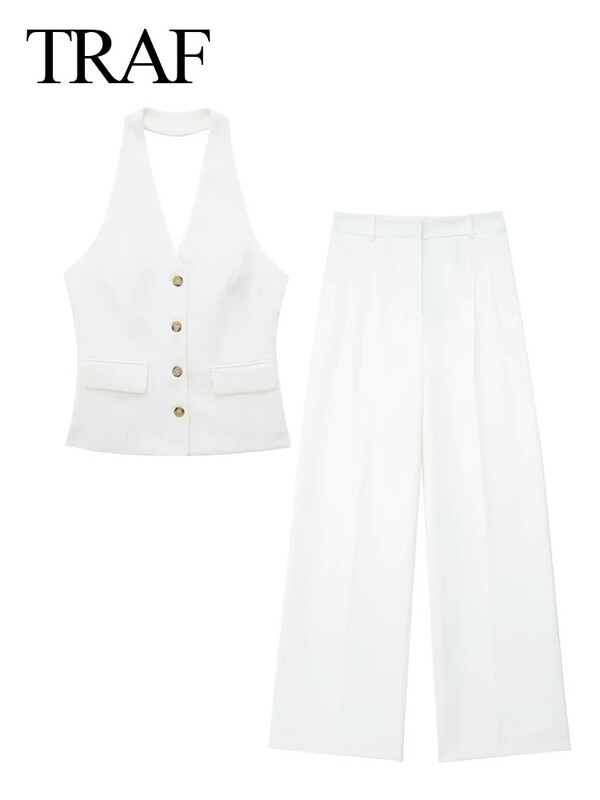 TRAF naiste 2-osaline komplekt, päitsed, kael, üherealine tasku, varrukateta, püksid ja kõrge vöökohaga tõmblukuga taskud, laiad püksid