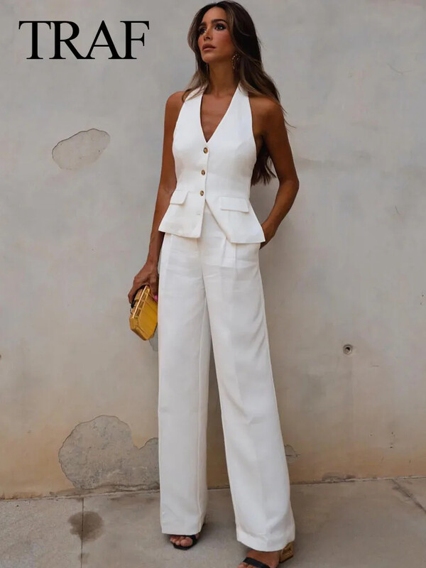 TRAF naiste 2-osaline komplekt, päitsed, kael, üherealine tasku, varrukateta, püksid ja kõrge vöökohaga tõmblukuga taskud, laiad püksid