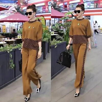 Plus mărime, primăvară vară, la modă, în stil european, hanorac în carouri, pantaloni cu clopot, set asortat, ocazional, elegant, îmbrăcăminte de slăbit