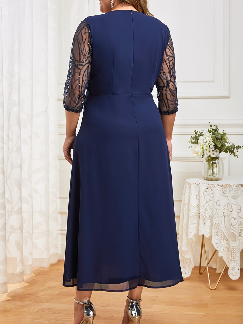 Υπερμεγέθη γυναικείο φόρεμα, συνονθύλευμα σιφόν, πλέγμα χάντρες, κεντημένο κοκτέιλ φόρεμα μεγάλης οθόνης9134254